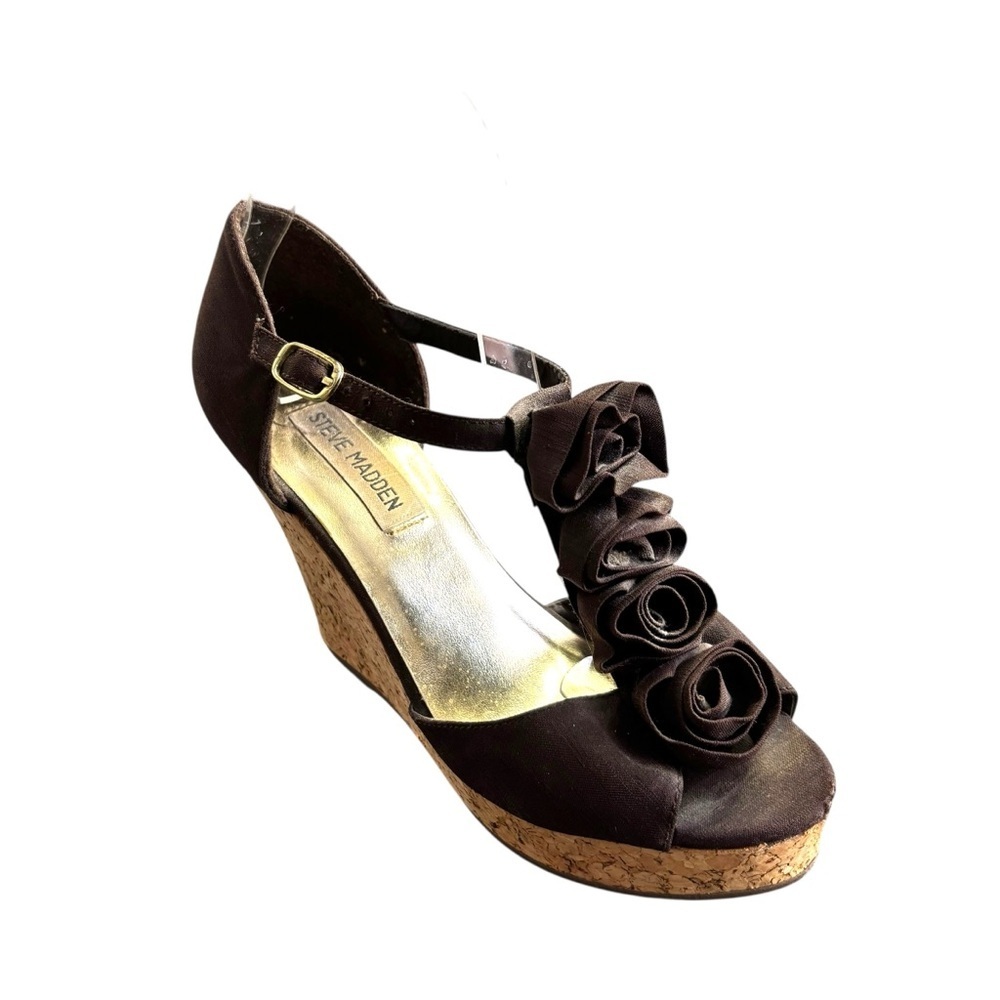 Steve Madden Brown Satin Rosette Cork Wedge Sandals Women’s Size 6